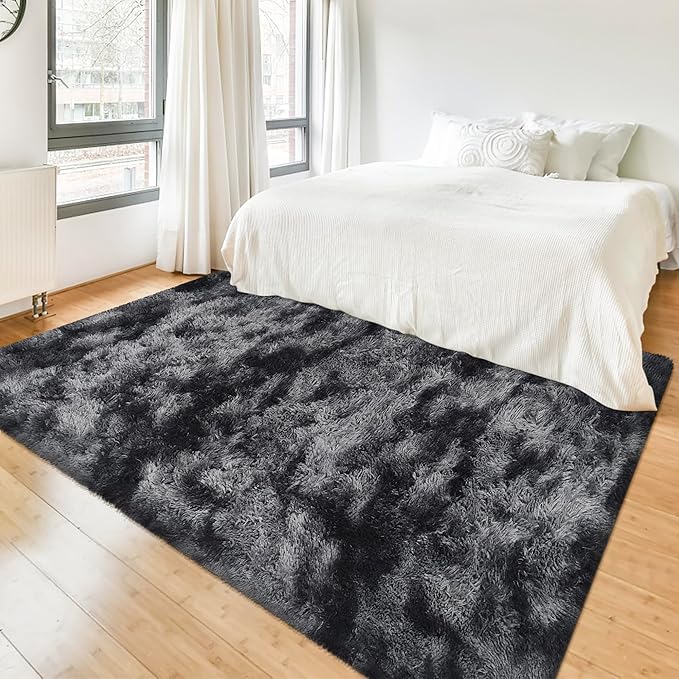 4x6 ft Area Rug for Bedroom Black Grey Tie Dye Fluffy Rug Mat Bedside Throw Rug by JiaoBaba