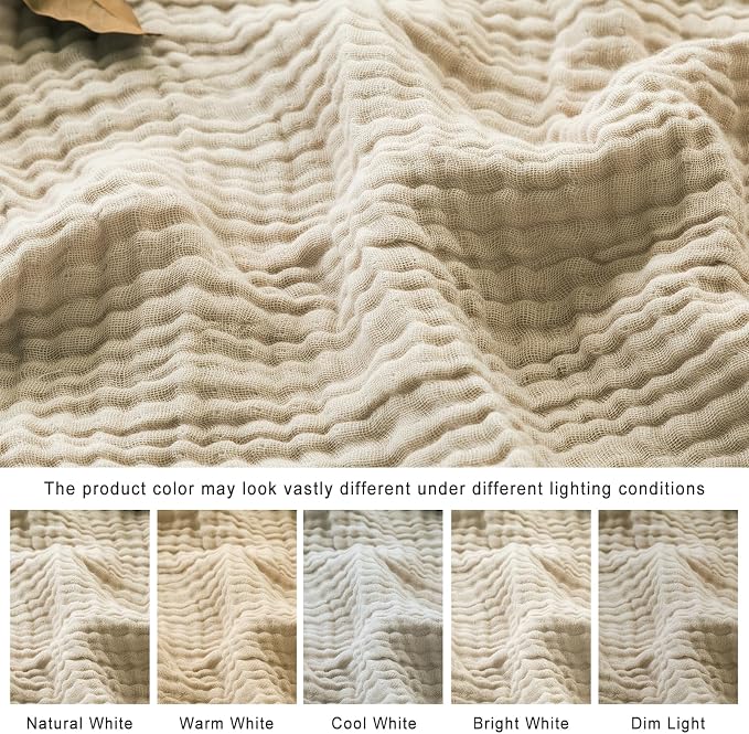 EMME Cotton Blanket King Size for Bed Soft Muslin Blankets 108"x90" Beige - Image 7