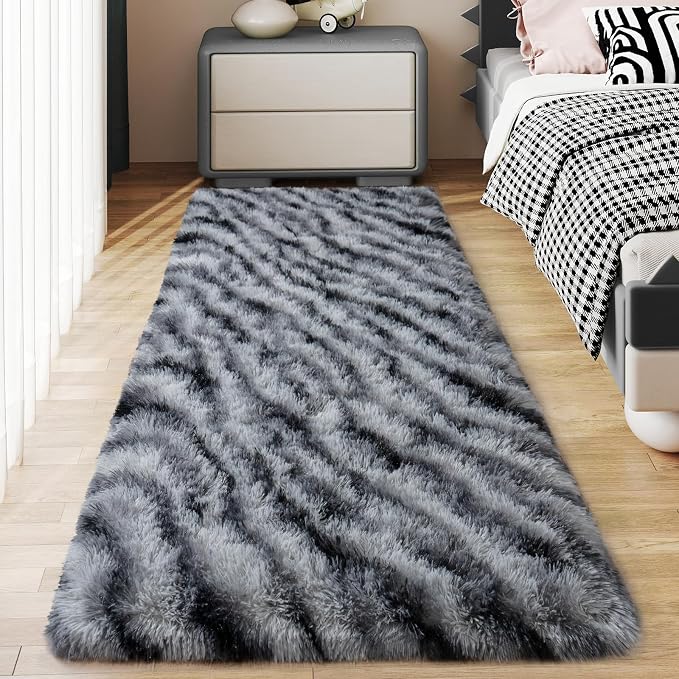 Soft Runner Rugs for Bedroom Hallways, 2x6 Black and White Fluffy Shag Throw by Ailyei