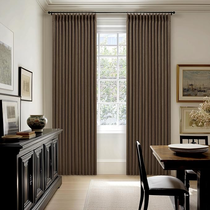 Brown Linen Pinch Pleated Black Out Memory Trained Curtains 102 Inches Long | - Image 6