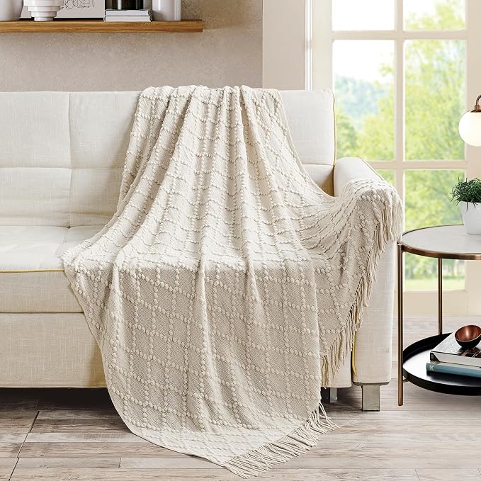 BOURINA Beige Throw Blanket 50 x70 Inches Jacquard Argyle Throw Textured Solid - Image 3
