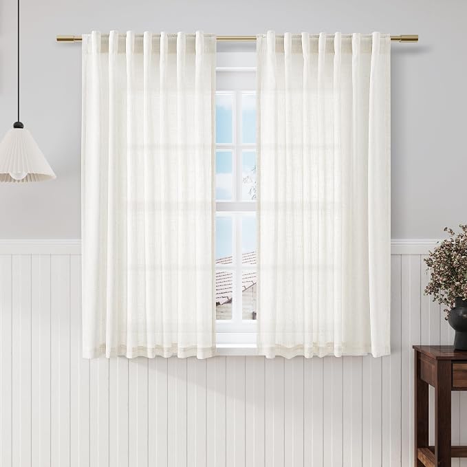Beige White Kitchen Cafe Sheer Curtains 54 Inch Long 2 Panel Back Tab Linen by Nanspring