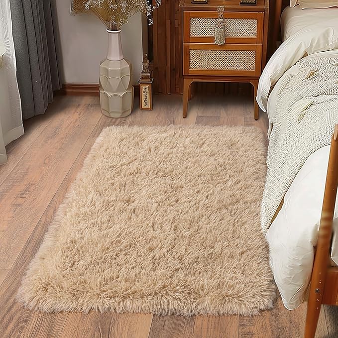 Soft Runner Rugs for Bedroom Hallways, 2 Packs 2x3 Beige Fluffy Shag Throw Area by Ailyei