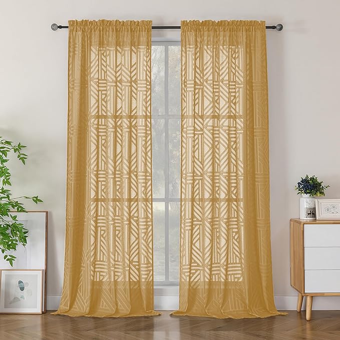 Simplebrand Semi Sheer Gold Curtains 90 Inches Long 2 Panels, Light Filtering by Simplebrand