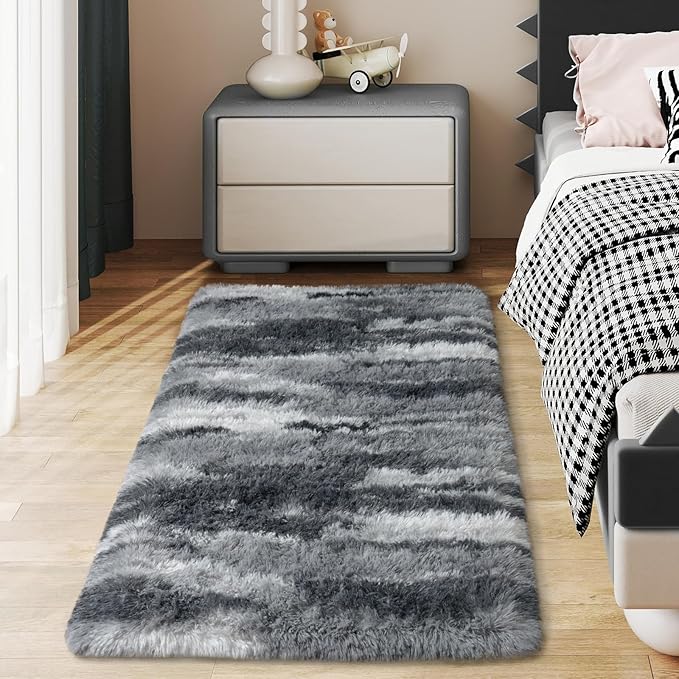 Soft Runner Rugs for Bedroom Hallways, 2x4 Abstract Grey Fluffy Shag Throw Area by Ailyei