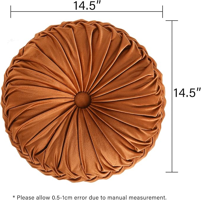 HIG Set of 2 Decorative Round Pleated Throw Pillows, Classy Accent Pumpkin - Image 3