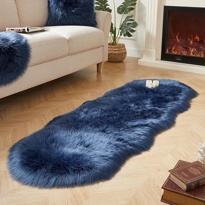 AMTOVO Faux Sheepskin Rug, Dark Blue Ultra Soft Fluffy Shag Area Rug, 2 x 6 ft - Image 2