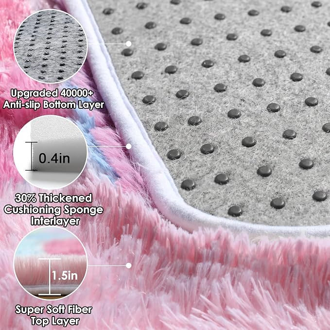 Checkered Pink Rainbow Area Rugs, Fluffy 5x8 Geometric Rug - Image 4