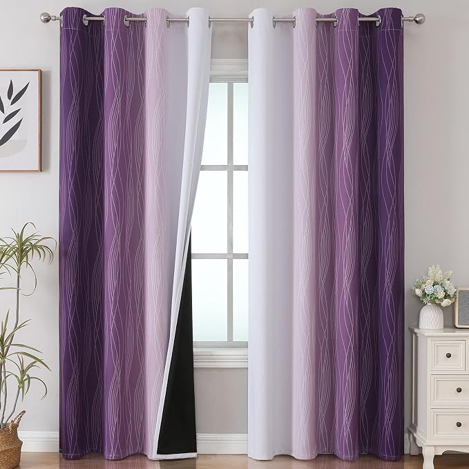 Estelar Textiler Purple and Greyish White Blackout Curtains 96 Inches Long by ESTELARTEXTILER