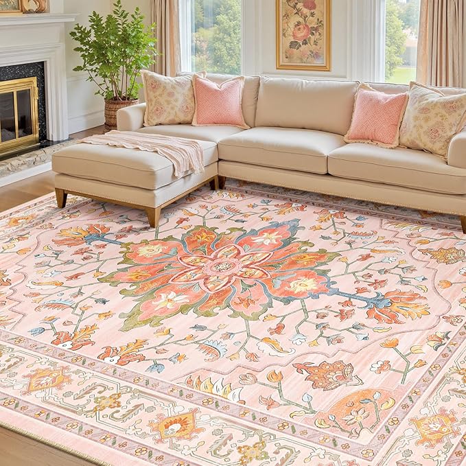 Area Rugs 8'x10' Washable Non-Slip, Floral Vintage Distress Print Pattern - Image 2