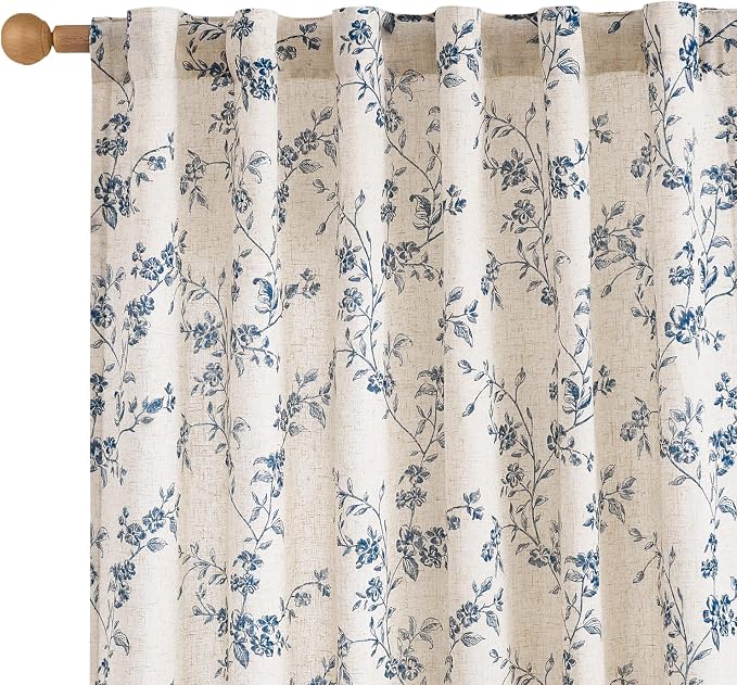 Lazzzy Farmhouse Linen Curtains Blue Floral Curtains 96 Inch Long Back Tab by Lazzzy