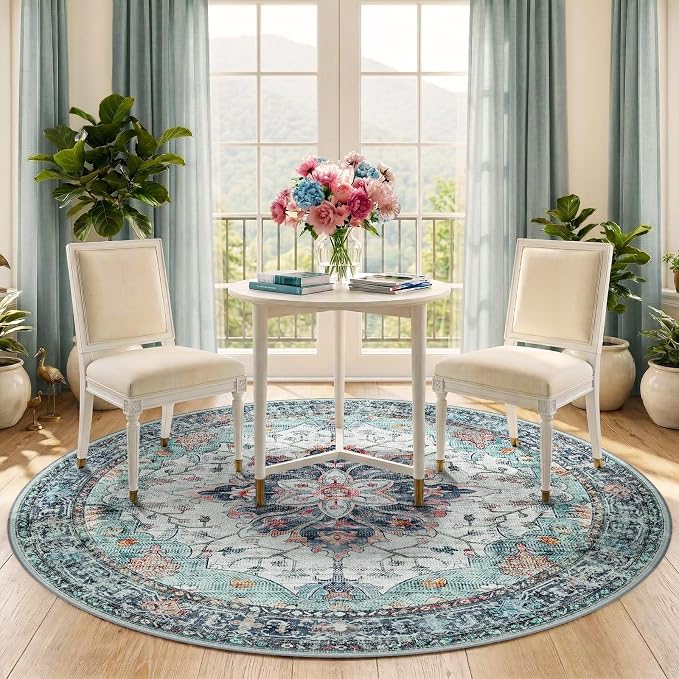 Area Rugs 5ft Washable Non-Slip, Floral Vintage Distress Print Pattern - Image 2