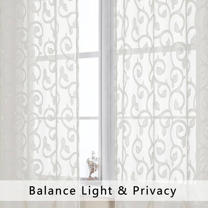 OWENIE Furman Ivory Sheer Curtains 45 Inch Length 2 Panels Set - Image 3