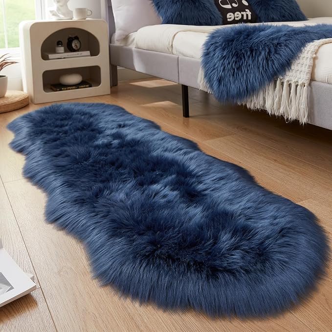 AMTOVO Faux Sheepskin Rug, Dark Blue Ultra Soft Fluffy Shag Area Rug, 2 x 6 ft by AMTOVO
