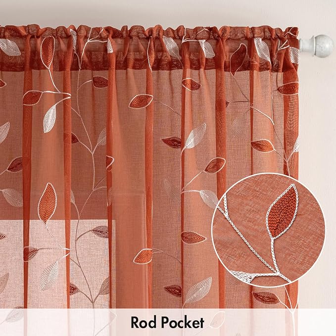 MIULEE Terracotta Sheer Curtains 2 Panels Embroidered Leaf Patterned burnt - Image 6