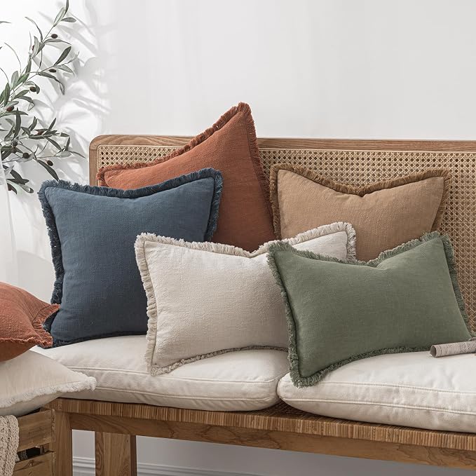 MIULEE Boho Linen Fringe Decorative Throw Pillow Covers Indigo Blue 18x18 | Set - Image 5