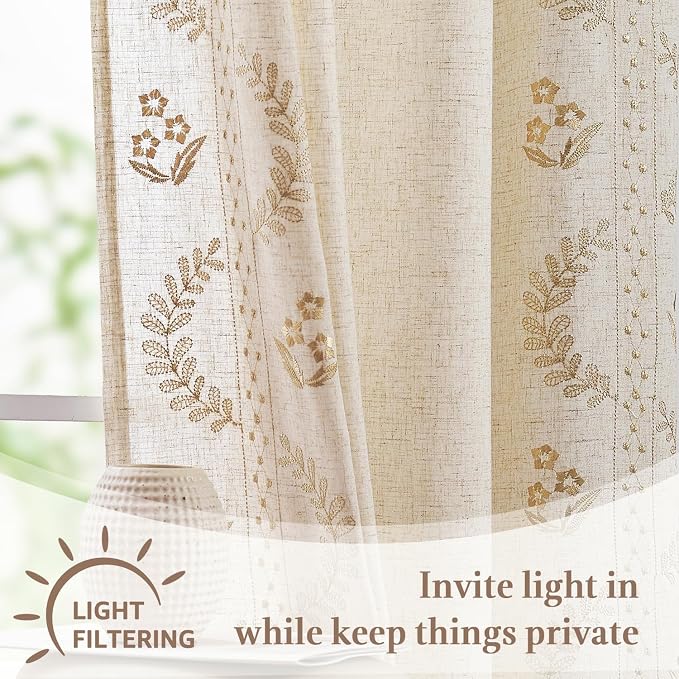 jinchan Belrose Linen Floral Kitchen Curtains 24 inch Length Embroidered - Image 7