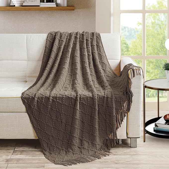 BOURINA Brown Throw Blanket 50 x70 Inches Jacquard Argyle Throw Textured Solid - Image 2