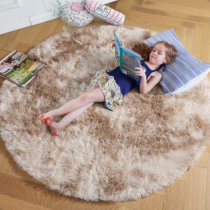Amdrebio Tie-Dyed Beige Tan Round Area Rug 4Ft - Image 8