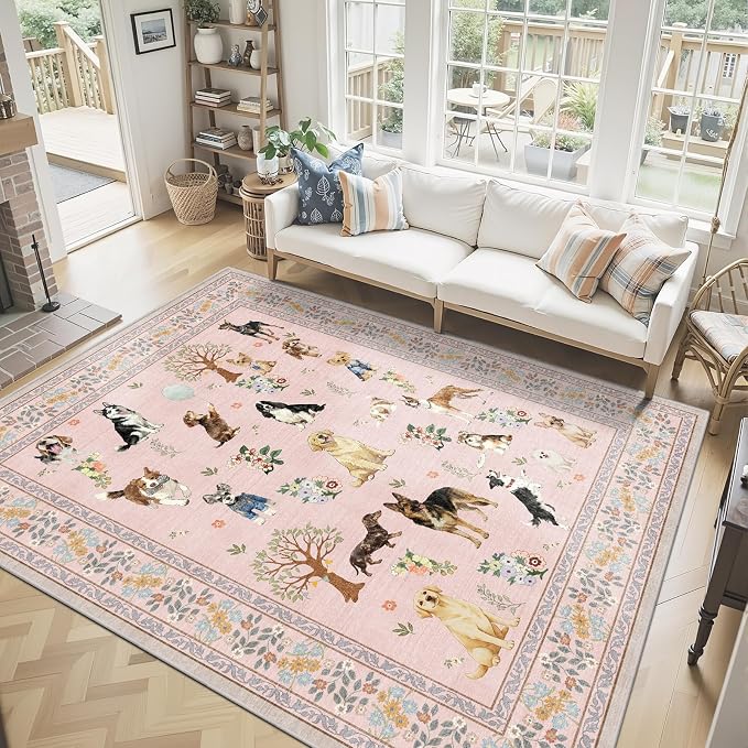 Pink Area Rug 9x12 for Living Room Bedroom | Low Pile; Non Slip;Machine - Image 2