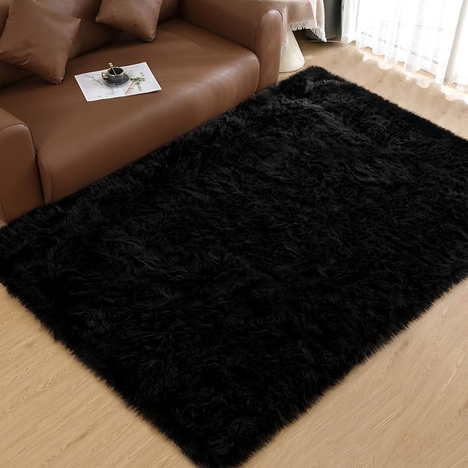 Goolela Black Area Rug 6x9 Fluffy Fuzzy Furry Shag Faux Sheepskin Fur Rug by Goolela