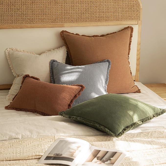 MIULEE Decorative Throw Pillow Covers Neutral Linen Fringe Throw Pillows Euro - Image 5
