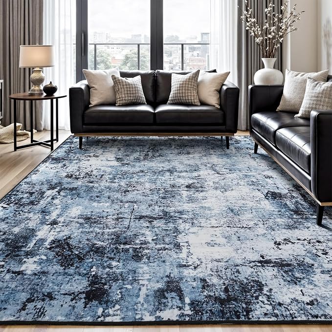 Rugflix 7x9 Area Rugs for Living Room, Washable Navy Blue Dark Large Rug | by RugflixAreaRugs