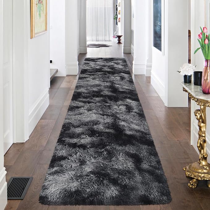 Tie-Dyed Runner Rug for Bedroom Black Grey 2x8ft Fluffy Area Rug Bedside Runner - Image 2
