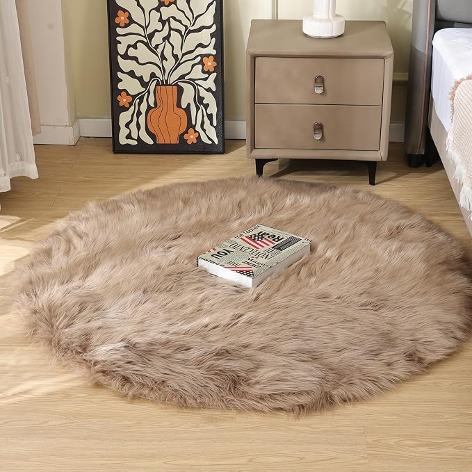 ORINOVA Beige Round Rugs 6ft Fuzzy Faux Sheepskin Washable Fluffy Fur Area Rugs - Image 5