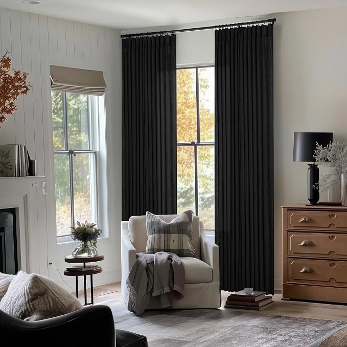 Black Pinch Pleated Linen Semi Sheer 96 Inch Curtains 2 Panels | Light Filtering - Image 8