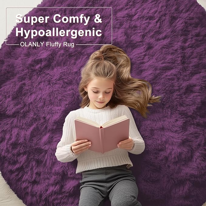 OLANLY Dark Purple Round Rugs for Bedroom - Image 6