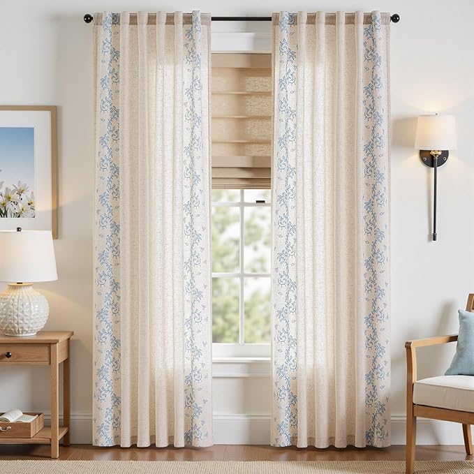 jinchan Evelyn Embroidered Linen Curtains 84 inch Long 2 Panels Blue Curtains - Image 2