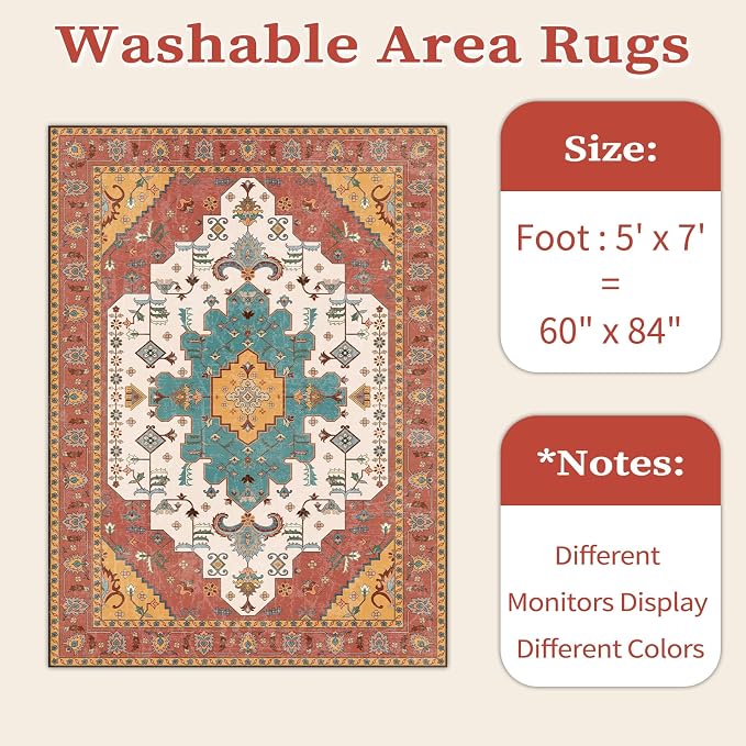 SERISSA Boho Area Rug 5x7 Orange, Washable Large Rugs - Image 6