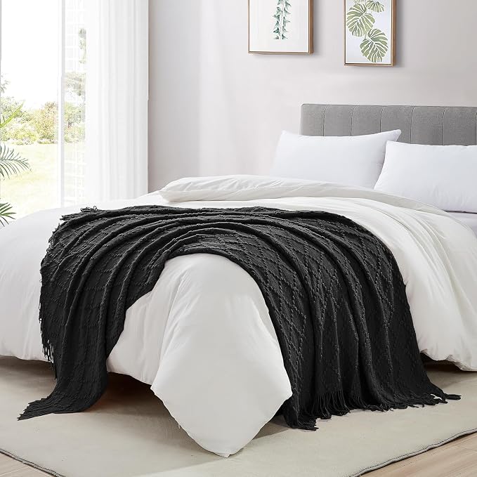 BOURINA Black Throw Blanket 50 x70 Inches Jacquard Argyle Throw Textured Solid - Image 4