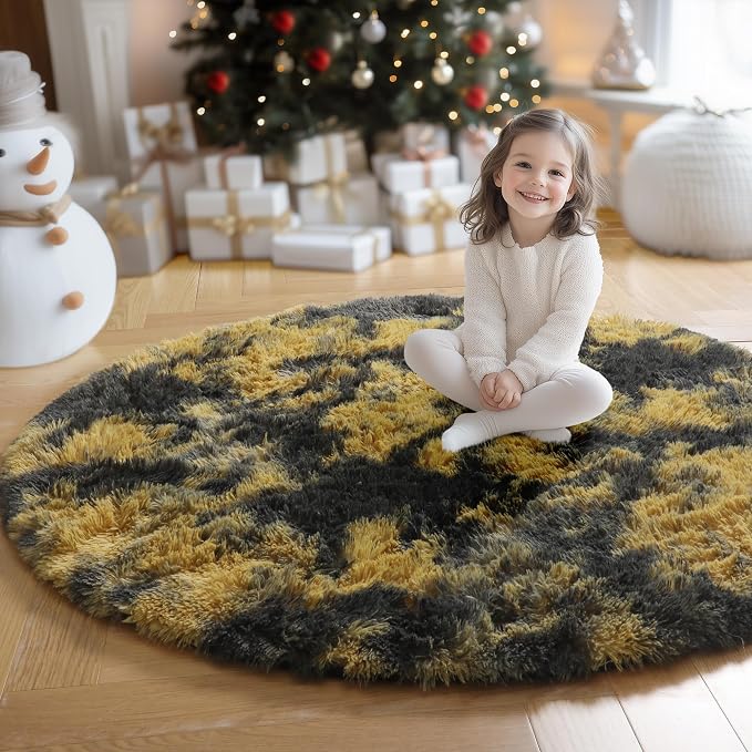 Amdrebio Black Gold Yellow Grey Round Circle Rugs 5Ft by Amdrebio