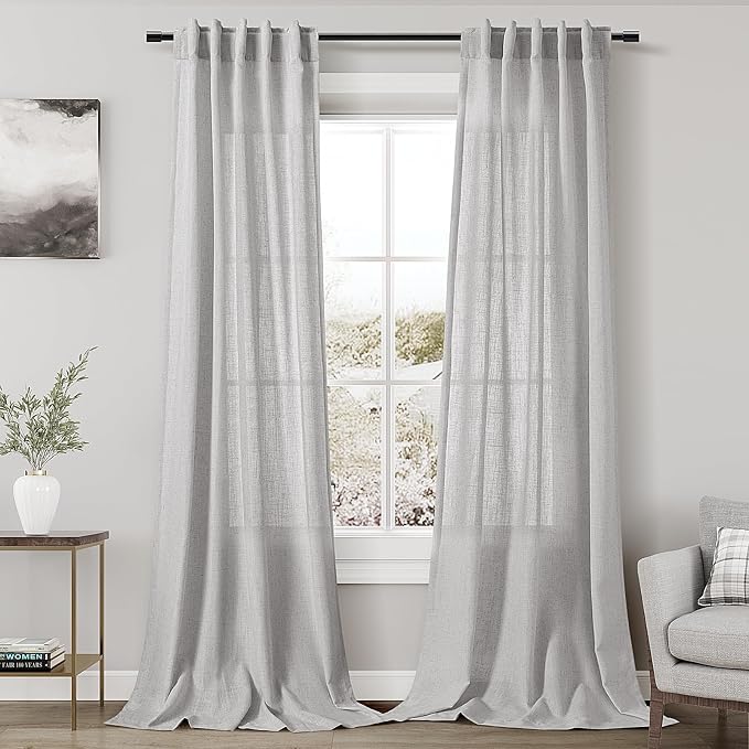 Nanspring Grey Linen Semi Sheer Curtains 108 Inches Long 2 Panels Back Tab Loop by Nanspring