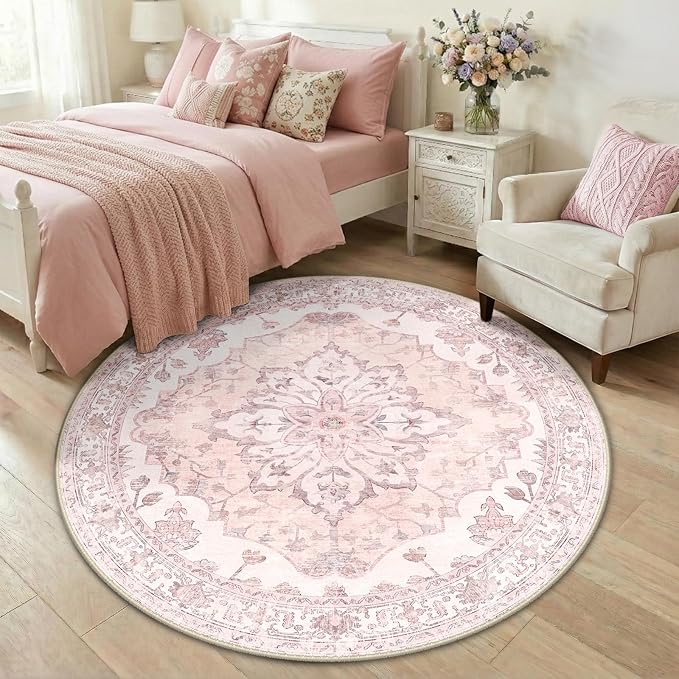Area Rugs 5ft Washable Non-Slip, Floral Vintage Distress Print Pattern by RELEANY