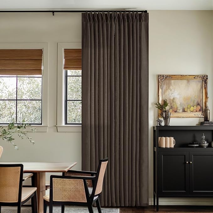 Dark Chocolate 96 Inch Pinch Pleated Semi Sheer Linen Curtains 2 Panels | - Image 8