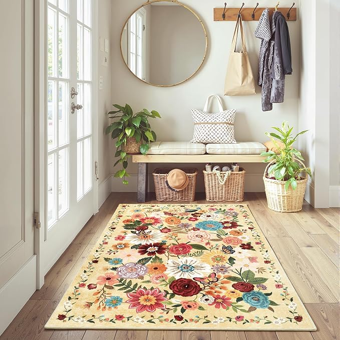 Floral Machine Washable Rug, 3x5 Rug Non Slip Soft Bedroom Rugs - Image 2