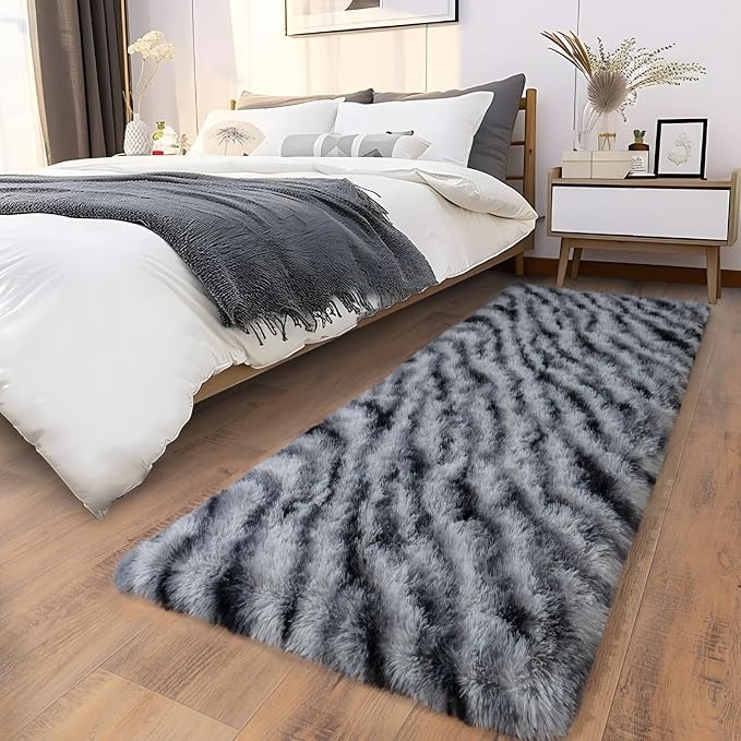Soft Runner Rugs for Bedroom Hallways, 2x6 Black and White Fluffy Shag Throw - Image 5