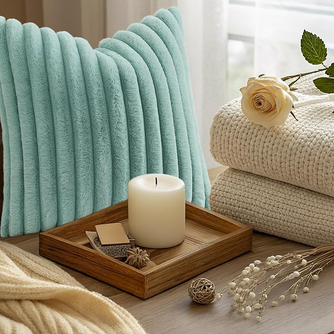 decorUhome Fall Faux Fur Throw Pillow Covers 26x26 Set of 2 Aqua | Decorative - Image 9