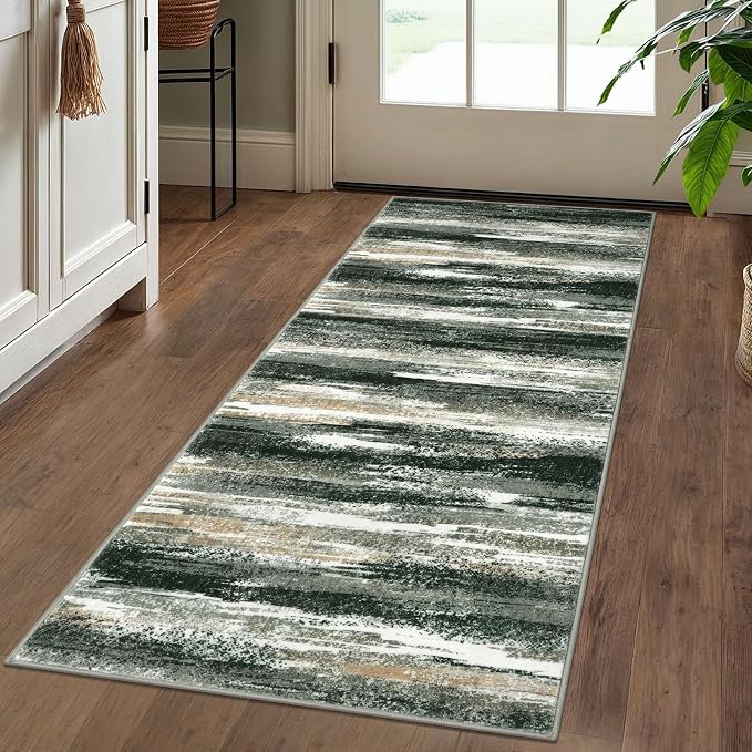 Lansny Modern Abstract Runner Rug 2x5, Forest Green Washable Entryway Kitchen - Image 2