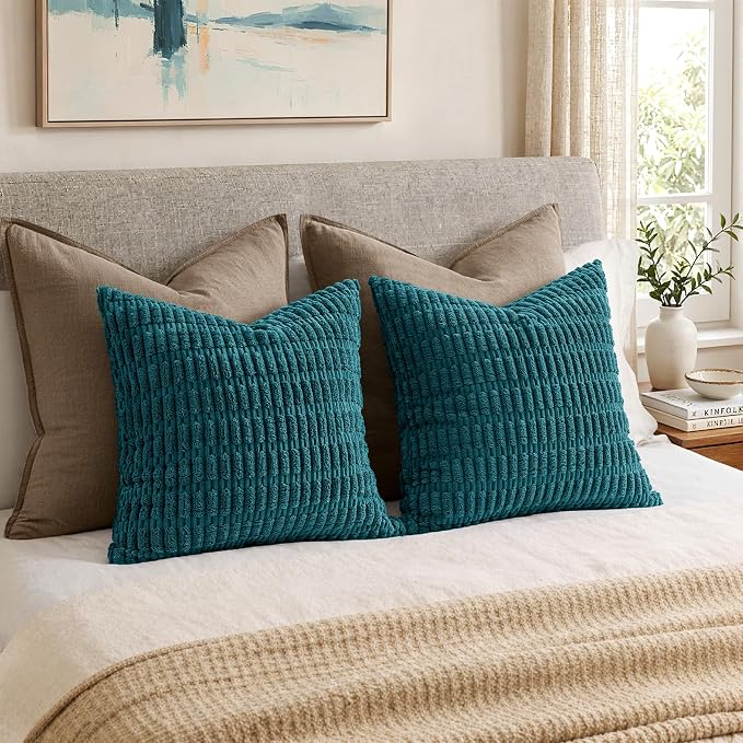 MIULEE Corduroy Decorative Throw Pillow Covers 16x16 Teal Pack of 2 | Soft Boho - Image 5