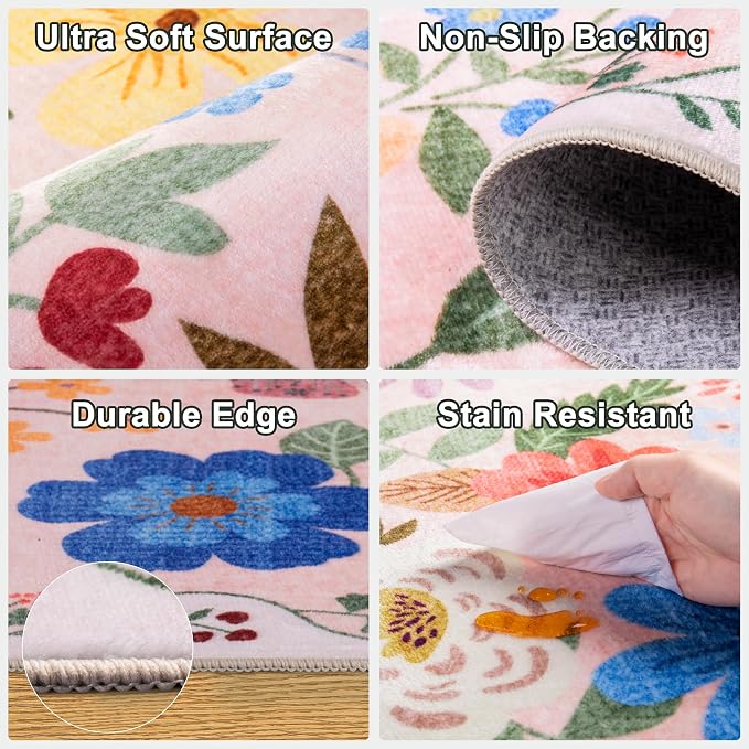 Round Area Rug for Living Room: 4 ft Floral Washable Circle Rug Soft Boho - Image 6