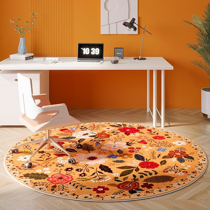 Rugcomf Round Rug 6ft Washable Circle Rug Non Slip Low Pile Boho Floral Small - Image 5