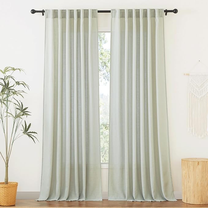 RYB HOME Sage Green Linen Blend Semi Sheer Curtains, 2 Panels Set, Light by RYBHOME