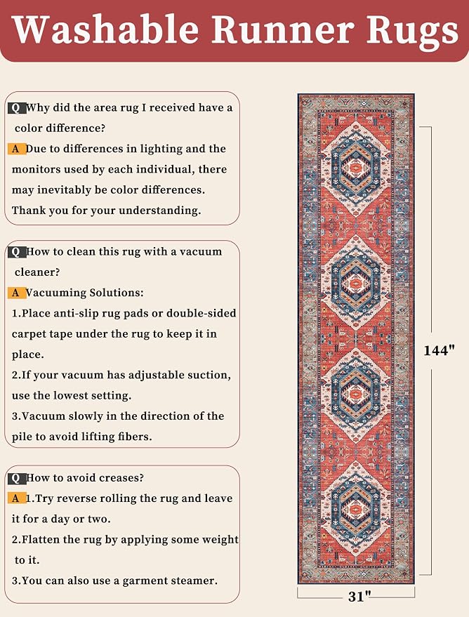 SERISSA Runner Rug for Hallways, Extra Long Boho Rug Ultra Soft Vintage Rust - Image 6
