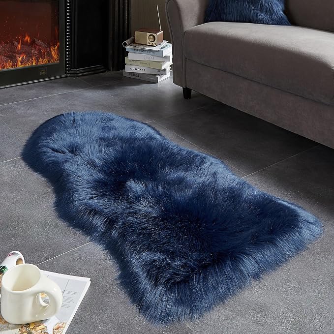 AMTOVO Faux Fur Rug, Dark Blue Area Rug, Fluffy Sheepskin Rug, Fuzzy Ultra Soft - Image 2