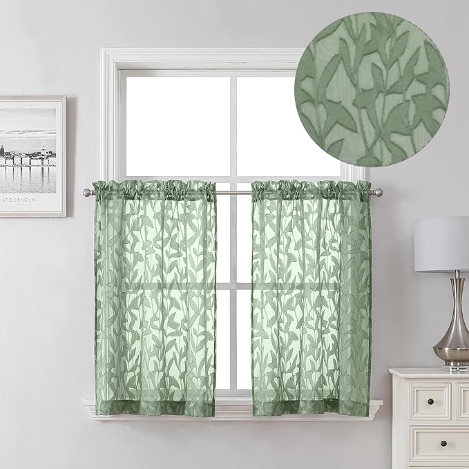 Lecloud Leia 36 Inch Sheer Curtains Sage Green Tiers by Lecloud
