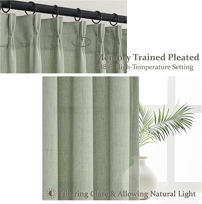 Memory Trained Pinch Pleated Linen Sage Green 100 Inch Long Sheer Curtains | - Image 2
